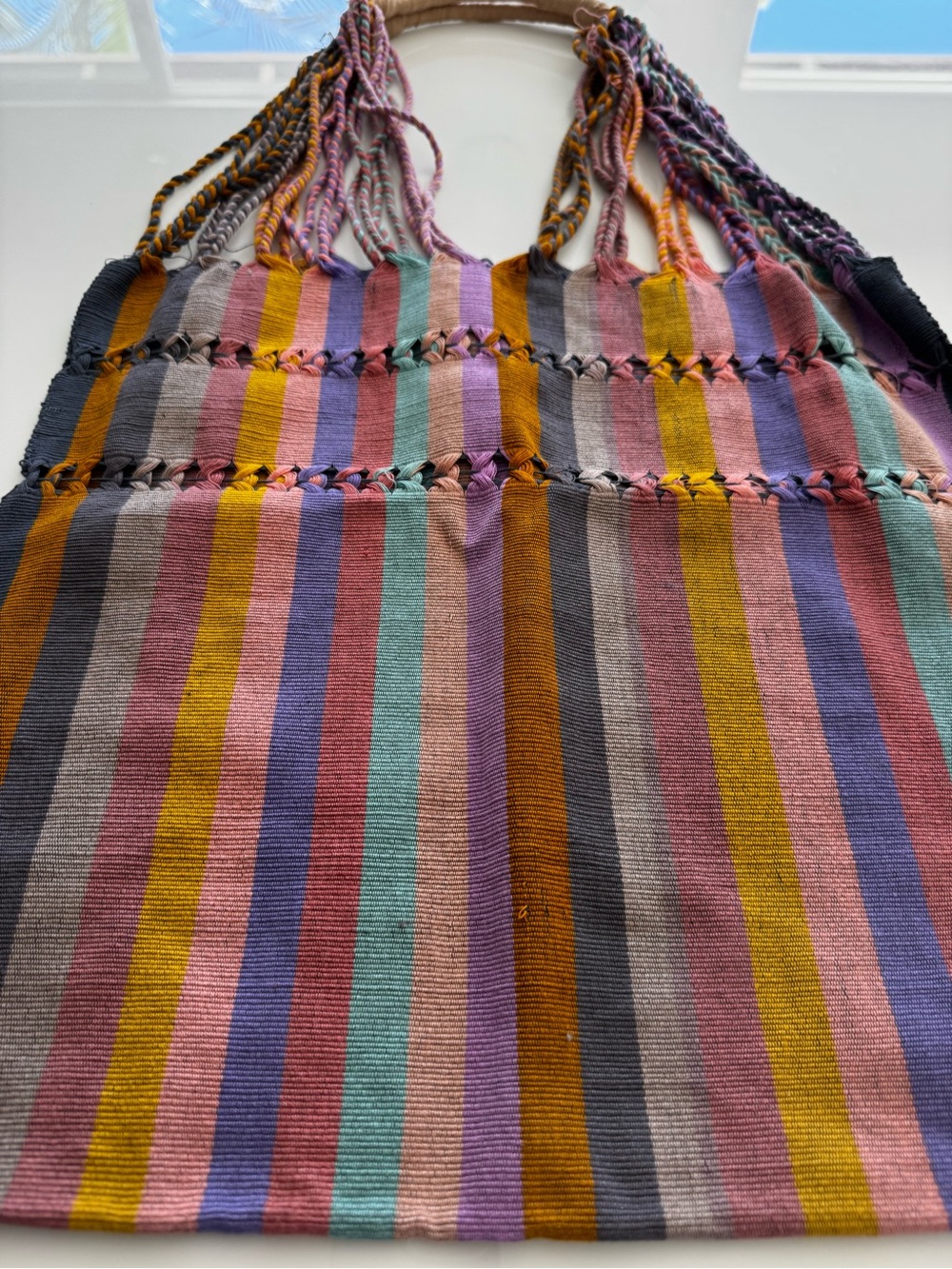 Handwoven Multicolor Striped Market Tote Braided Handles Artisan Beach Bag NWOT - Picture 5 of 6
